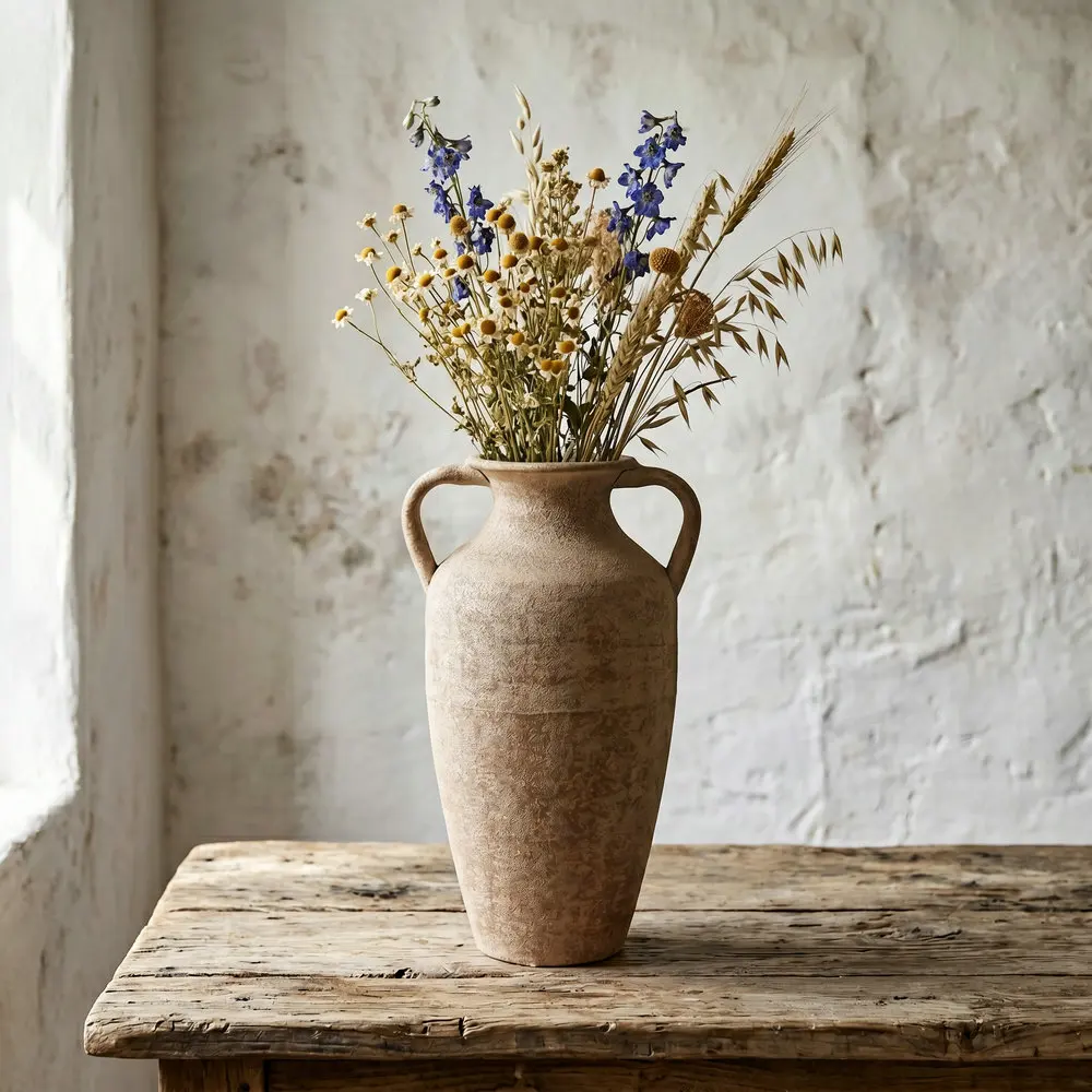 French Country faux-terracotta metal vase