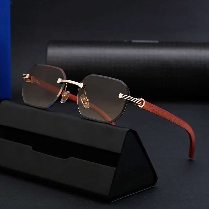 

Новые мужские солнцезащитные очки без оправы в стиле ретро с текстурой древесины Модные женские очки с бриллиантовыми краями с защитой от синего света