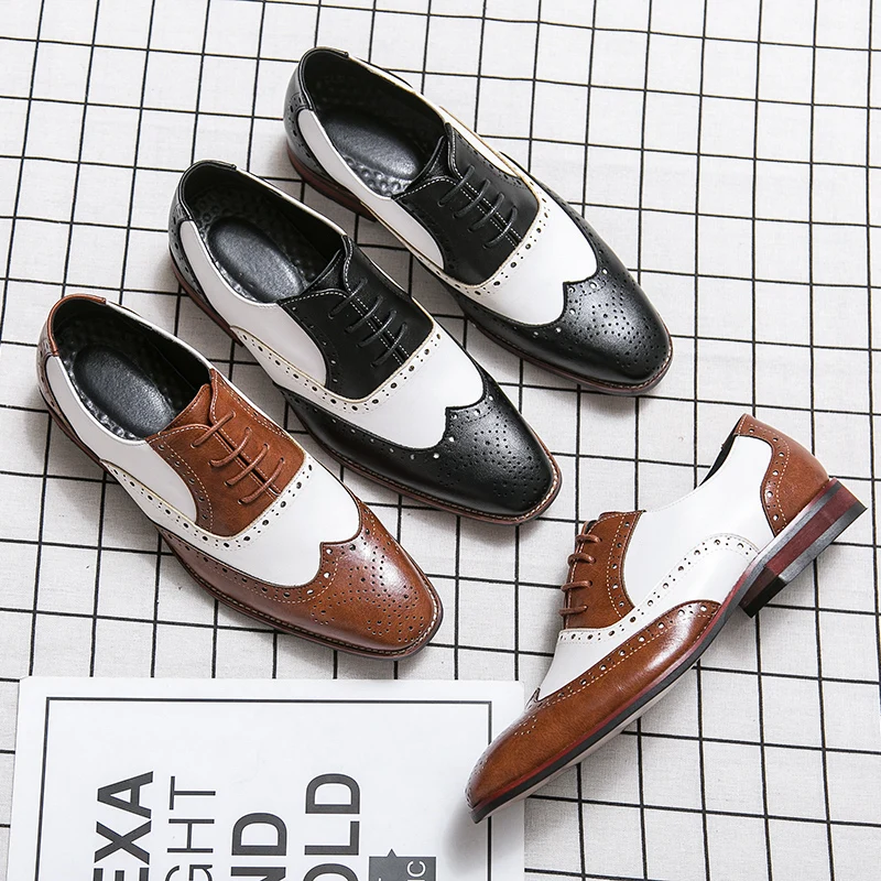 Brogue Design Men Dress Shoes Fashion Match Colors Leather Shoes Lace-up Business Casual Oxford Footwear Plus Size 38-48
