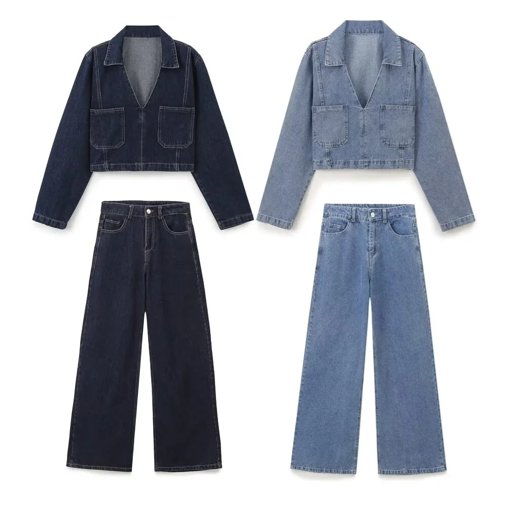 Taop&Za Autumn New Product Women's Fashion Casual Collar Long Sleeve Short Denim Shirt High Waist Wide Leg Jeans Set