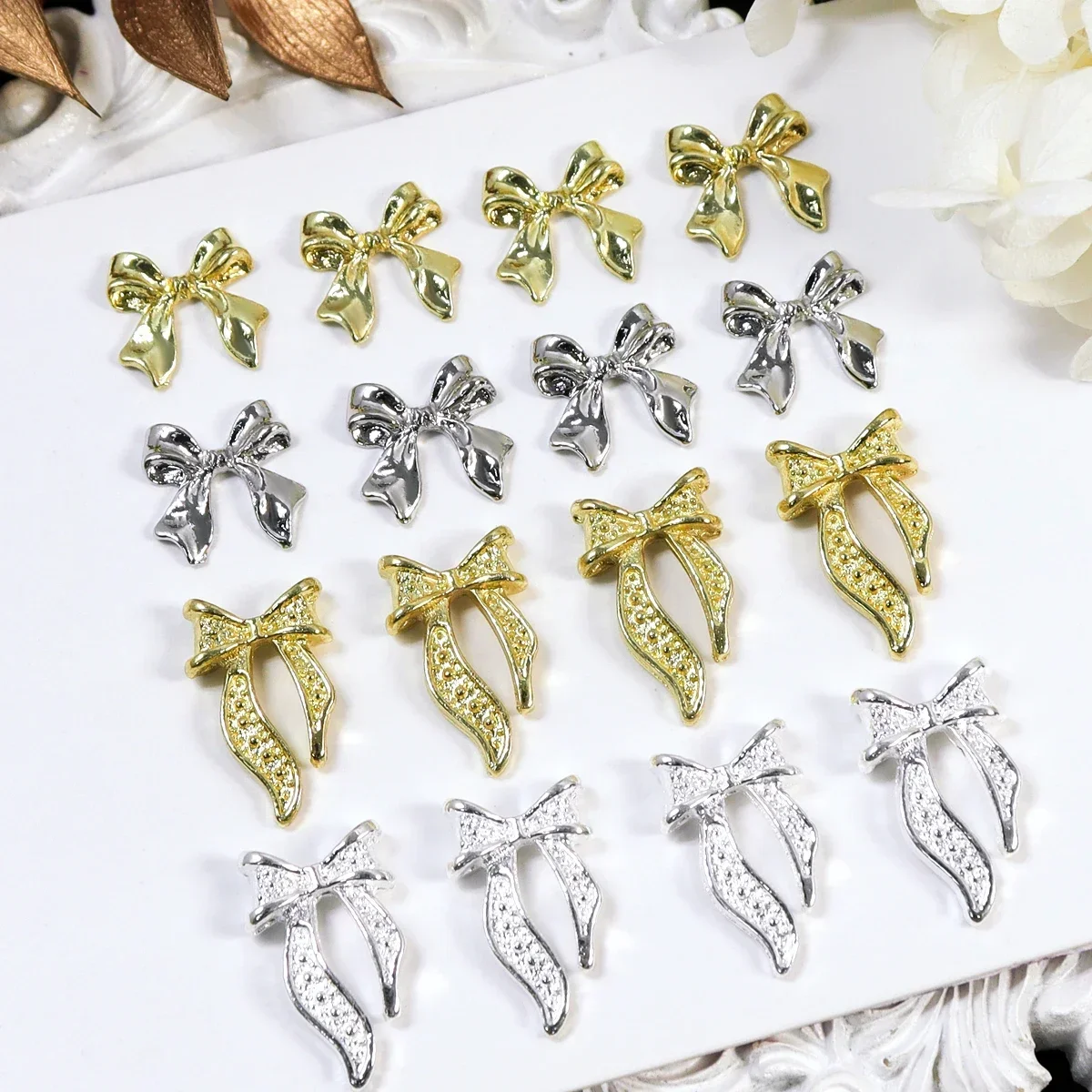 20pcs Gold Silvery Metal Ribbon Bow Nail Charms Kawaii 3D Decoration Accessories DIY Nail Art Supplies Parts 4