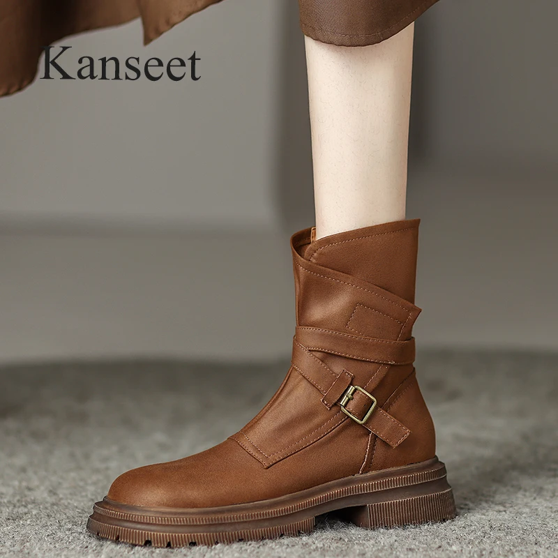 

Kanseet Women Short Boots 2022 Autumn Winter New Genuine Leather Round Toe Mid Heels Zipper Platform Lady Fashion Boots Brown 40