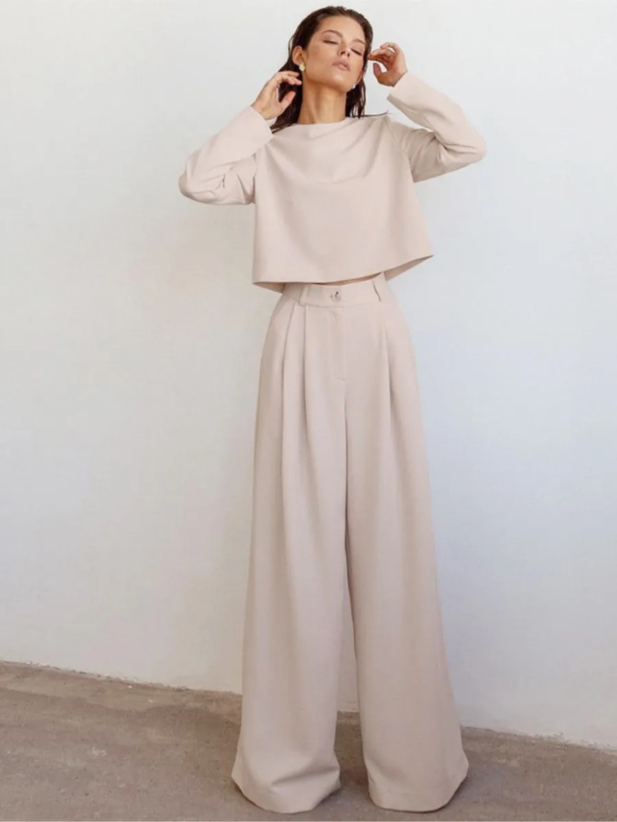 

Solid Color Casual Pants Sets Women 2024 New O-neck Long Sleeve Cropped Tops+Wide Leg Trouser Suits Vintage Fashion 2 Piece Set