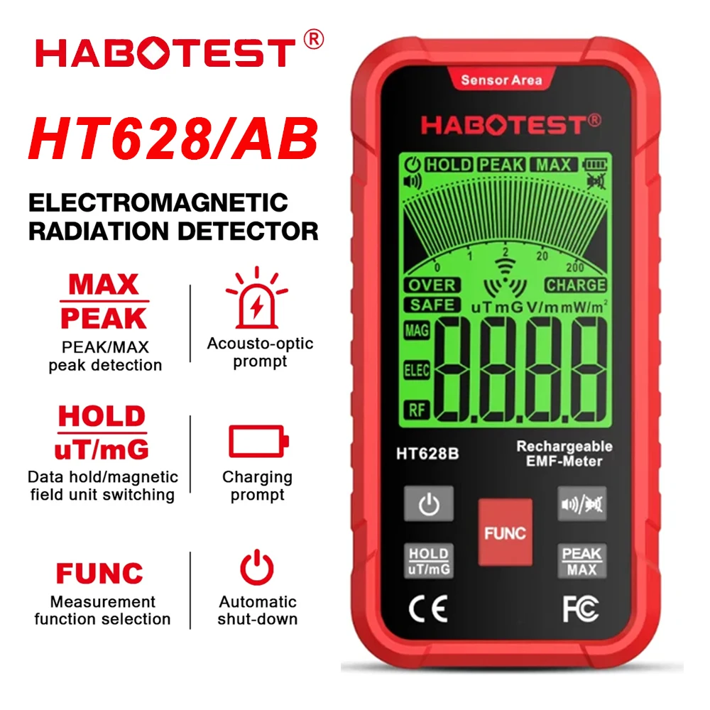HABOTEST HT628 EMF Meter Electromagnetic Radiation Tester Electric Field Magnetic Field RF Radiation Radio Frequency Detector radiation detector,emf meter tester