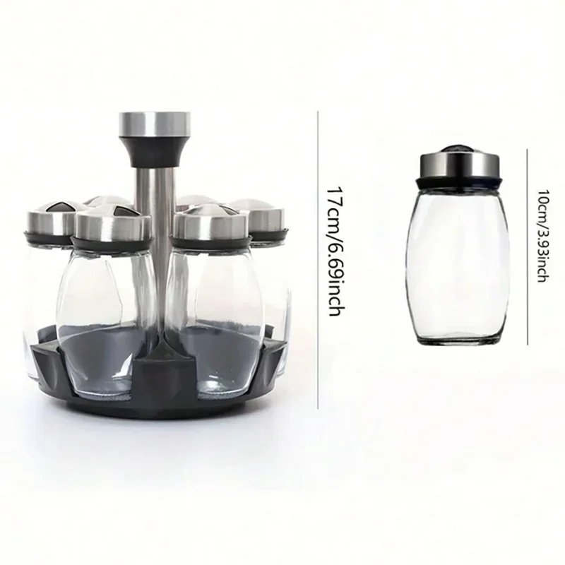 1set Spice Jar Set Rack Glass Organizer Rotating Glass Seasoning Sugar Pepper Bottles Salt Shakers Holder Kitchen Storage Rack ﻿