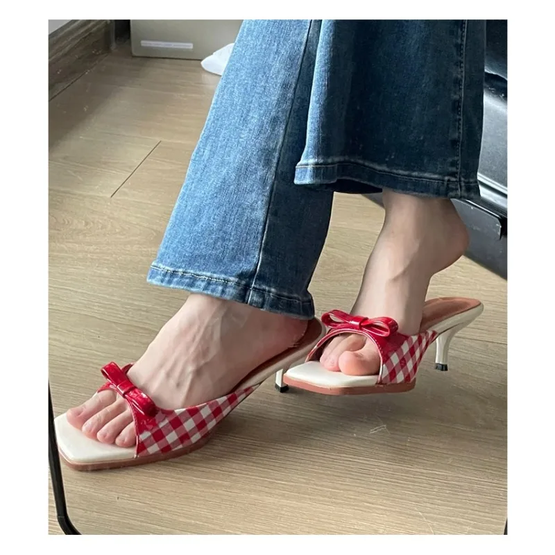 Retro Plaid Bow Sandals Kitten Heels White Red French Style Peep Toe Shoes Mixed Color Sweet and Cute Women's Vocation Shoes 3