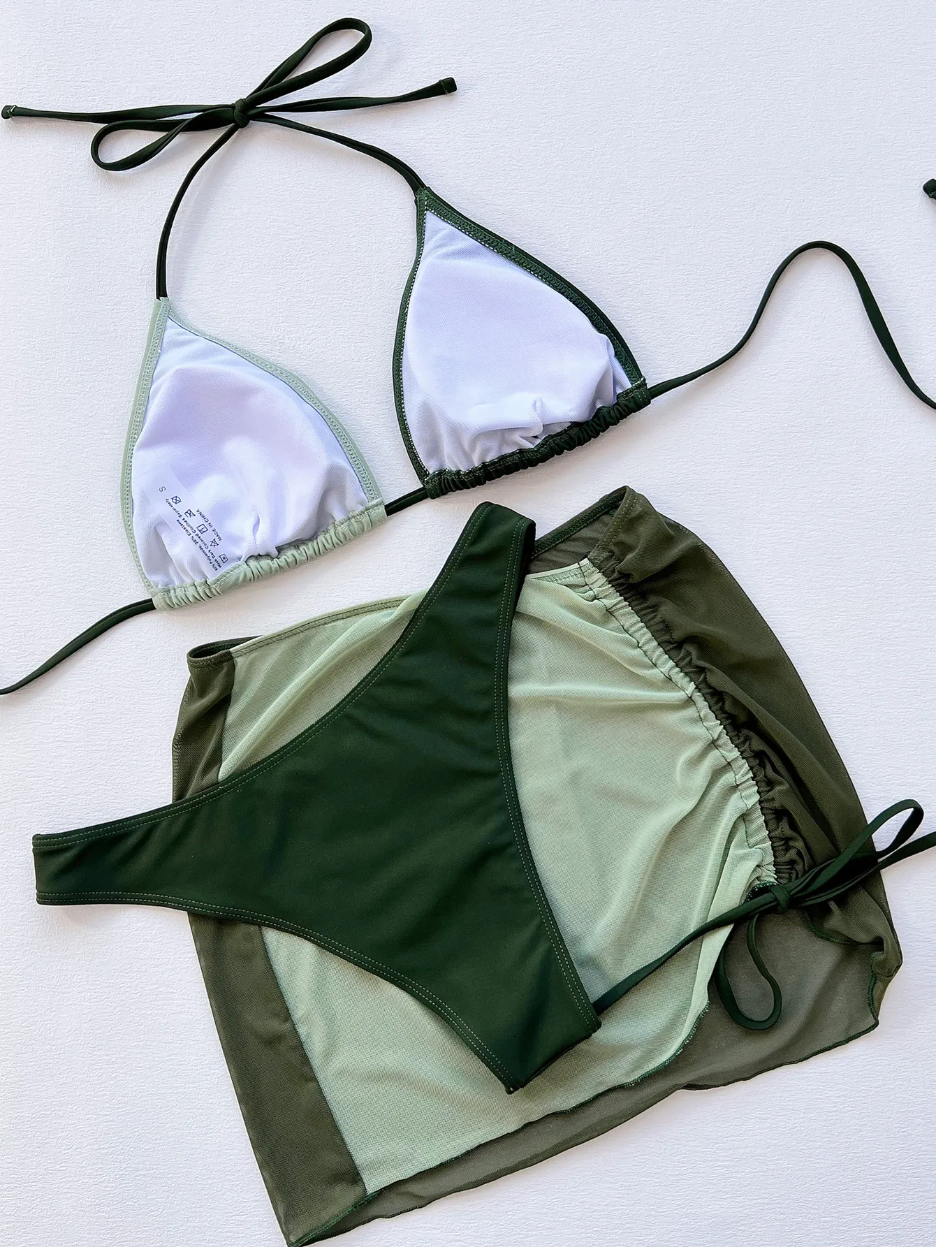SKMY 2023 Summer Beach Wear Three Piece Bikini Set Contrast Color Green Sexy Swimwear Woman Bra And Panty Swim Suit Skirt Set