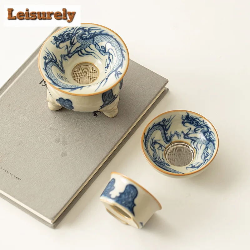 Boutique Blue and White Tea Infusor Dragon Patterned Herbal Tea Tea Strainer Household Tea Brewing Tea Filter Cha Teaset Craft