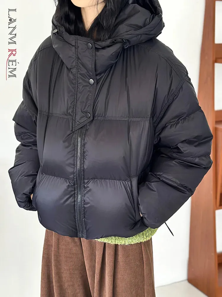 

[LANMREM] Hooded Drawstring Cotton Coats For Women Solid Zipper Cardigan Long Sleeve Thicking Warm Tops 2023 Winter New 26D6598