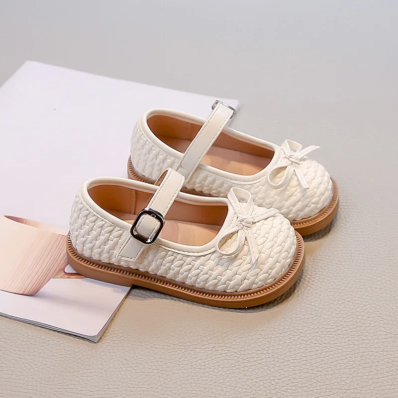 Girls Leather Mary Jane Flat Shoes with Fairy Bowknot