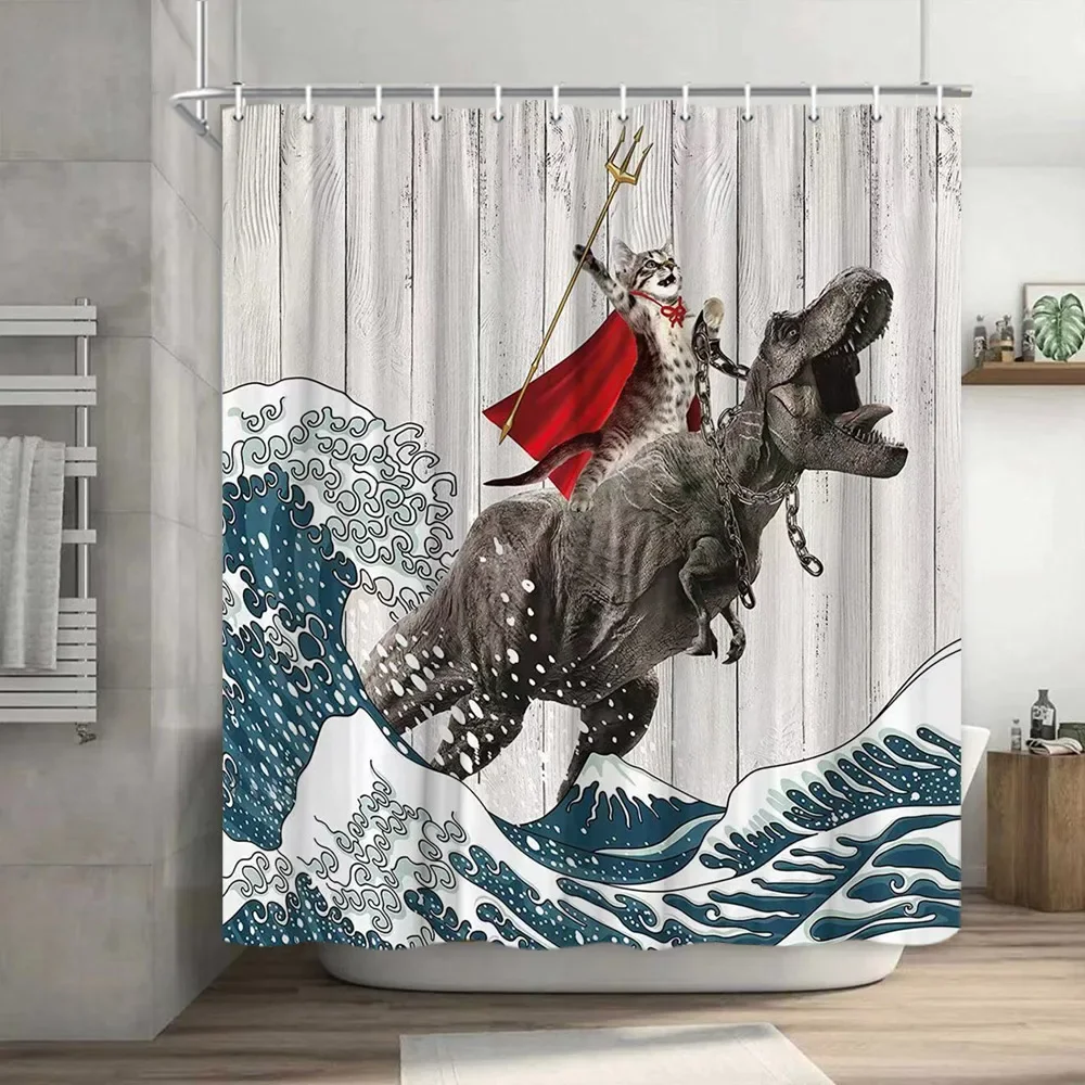 Coxila - Tenda da doccia divertente con gatto, 182,9 x 183,9 cm, con simpatici animali e balene, oceano, onde di pesce, in poliestere, impermeabile