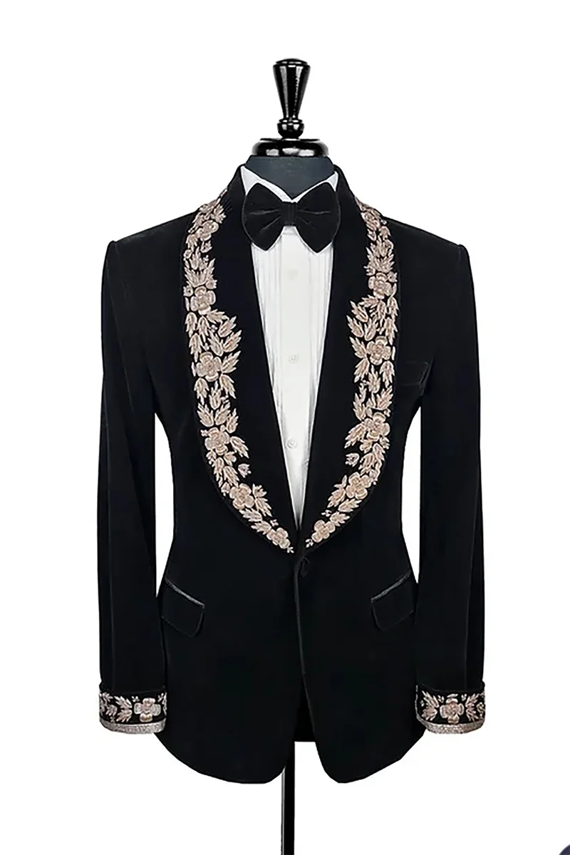 

Groom Velvet Men Suit Blazer 1 Pcs Gold Appliqued Wedding Tuxedo Wide Lapel Formal Black Tailored Made Prom Dress Party Jacket