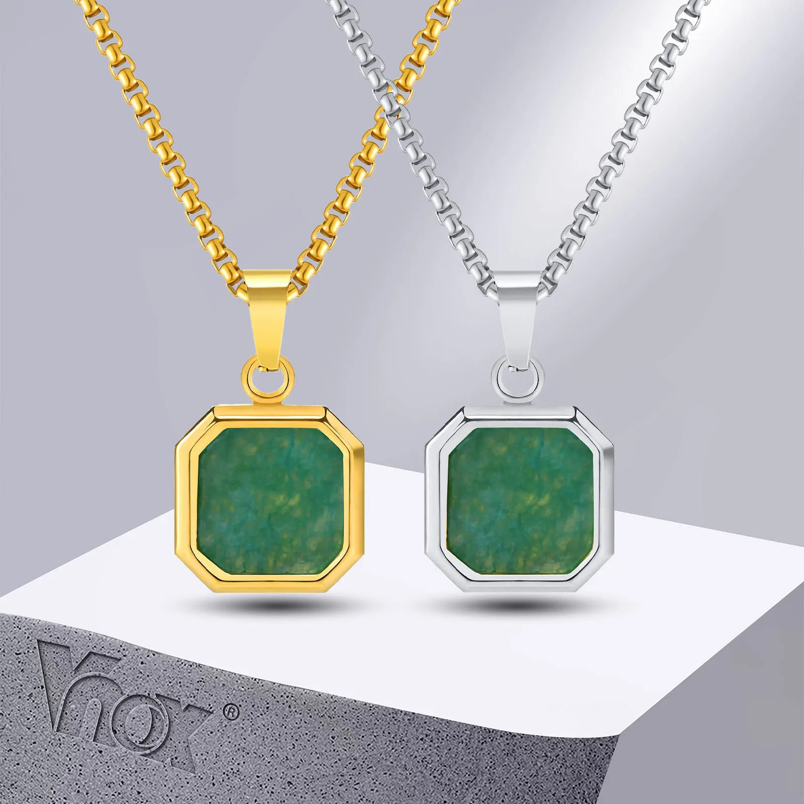 Vnox Quadratische Naturstein-Halskette für Männer und Frauen, geometrischer Anhänger aus Edelstahl mit Box-Kette, Geschenke, Schmuck