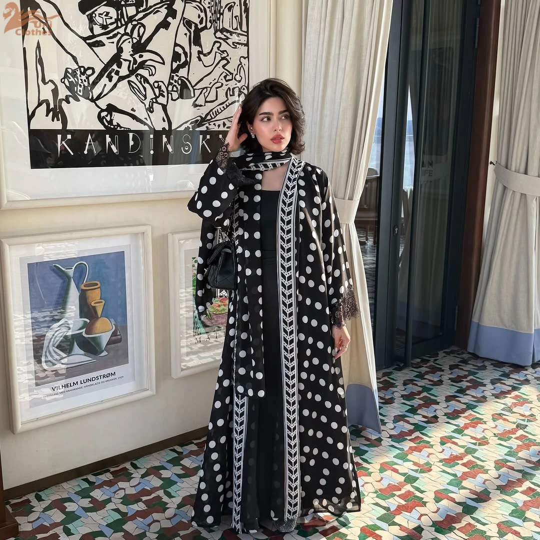 Zahraa New Muslim Polka Dot Printing Chiffon Abaya Fashion Lace Sleeve Hijab Clothing Women Open Kaftan 5