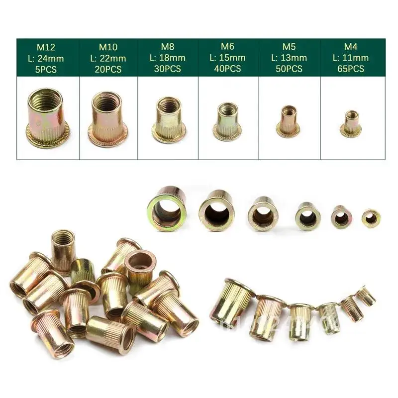 210/165/100PCS Box Rivet Nuts Carbon Steel M4 M5 M6 M8 M10 M12 Flat Head Rivet Nuts Set Hardware Multi Sizes Insert Rivet Nuts 6