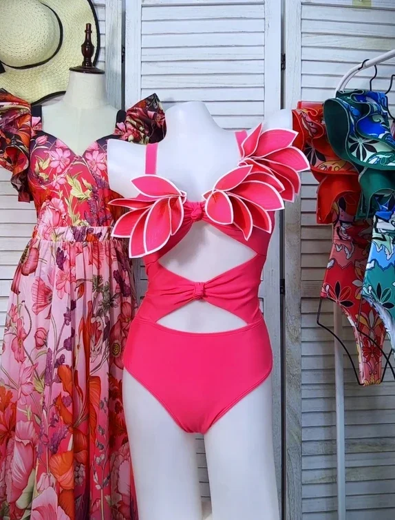 One Shoulder Ruffle Lace Up One Piece Swimsuit And Cover Up Flaxmaker – Danton - View #2