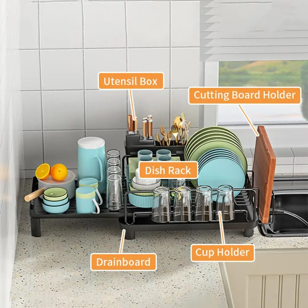 Carbon Steel Dish Drying Rack Adjustable Kitchen Plates Organizer With Drainboard Over Sink Countertop Cutlery Storage Holder ﻿