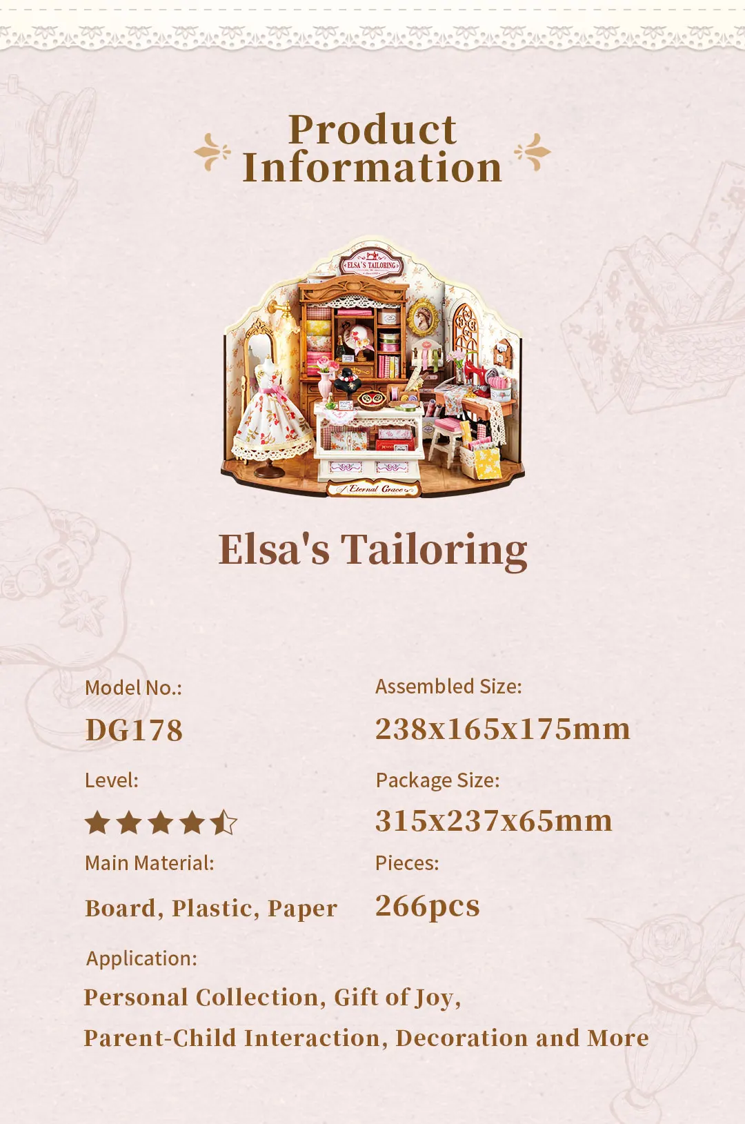 Robotime Elsa's Tailoring Shop DIY Miniature House Victorian Style Craft Studio Kit Interior Decor Unique Gift for Adults Teens