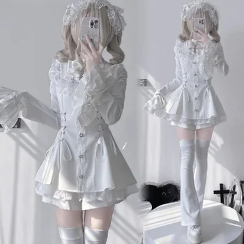 Japanese Gothic Lolita Dress Set Women Harajuku Y2k Bow Lace Ruffles Collar Mini Dresses Female Elegant Party Cute Dress 1
