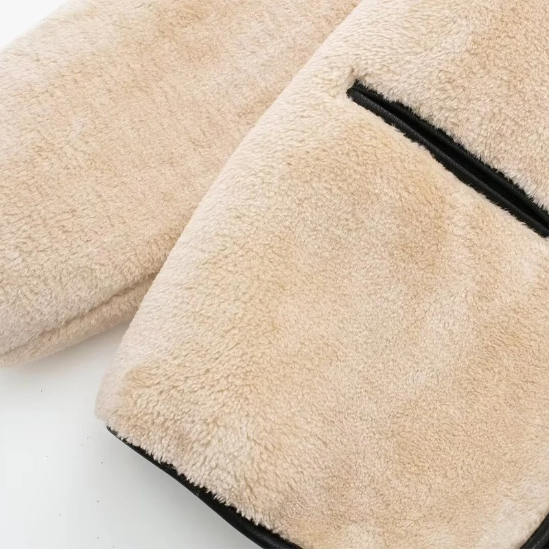 Vintage Lambs Wool Jacket For Women Loose Fleece O-neck Single Breasted Pockets Long Sleeve Fur Coat Autumn Winter Lady Outwear