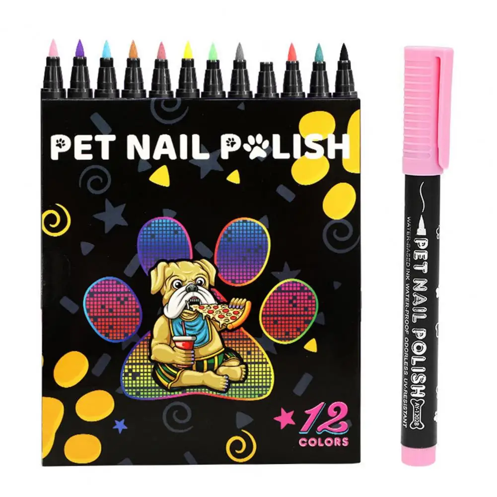 Flexible Dog Nail Polish Applicator 12-color Quick Dry Pet Nail Art Pen Set for Puppy Cat Soft Brush Tip Dog for Small Dogs