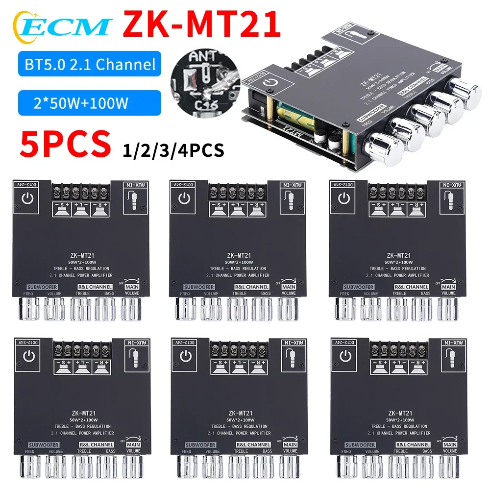 1-5pcs ZK-MT21 2.1Channel Bluetooth Amplifier Board 50Wx2+100W HiFi Subwoofer Stereo Amplifier Board C15H/C50L/C100L AMP Board