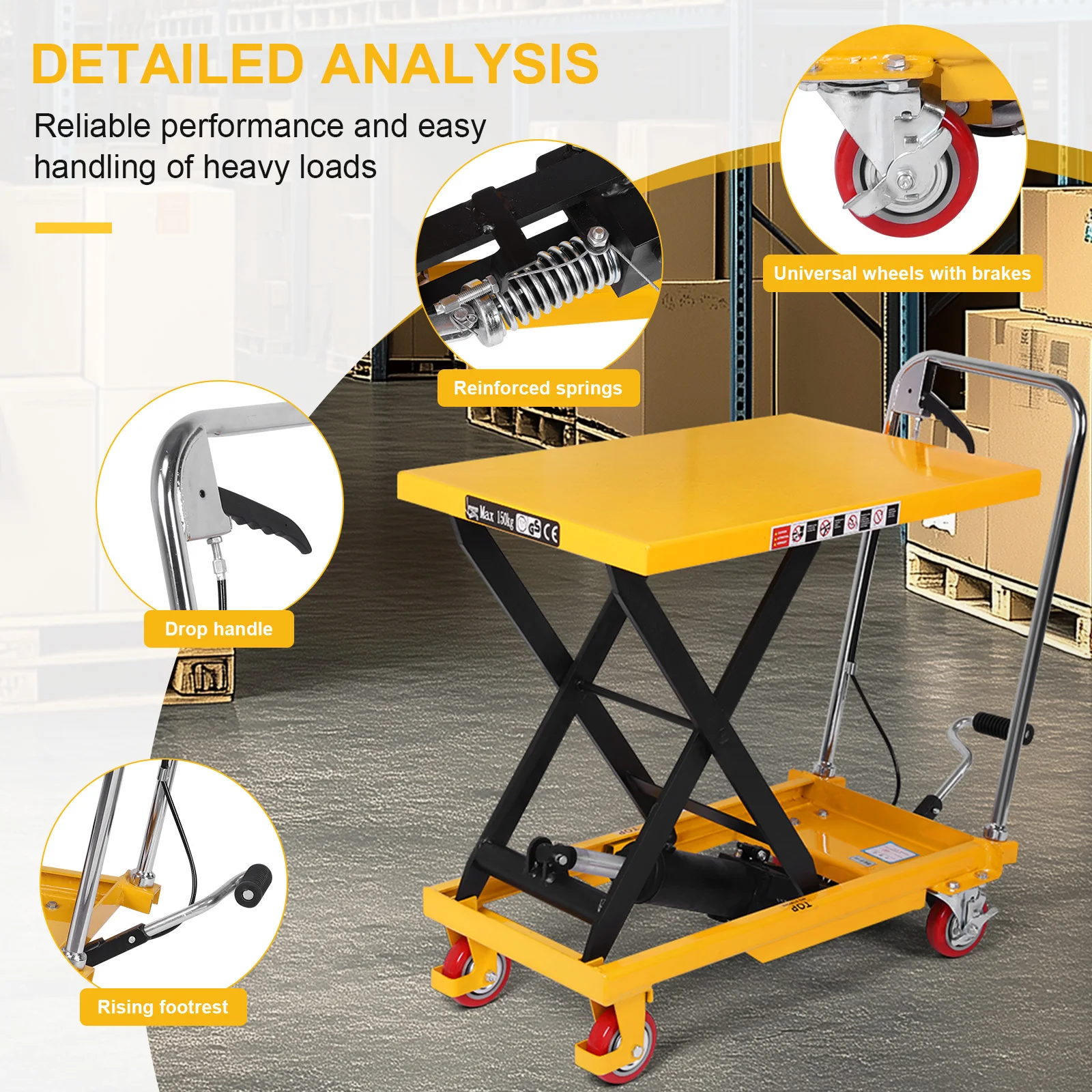 Lift Table Cart Manual Single Scissor Lift Non-Slip Hydraulic Lift Trolley with Lifting Table for Material Unloading Handling