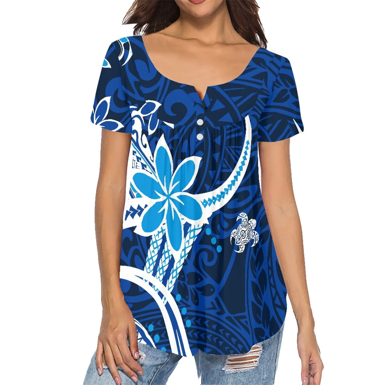 

Samoa Hawaii Summer Girl Trendy Shirt Island Wear Tattoo Print Luxury Ladies Sexy V-neck Top Ladies Pleated Buckle Shirt