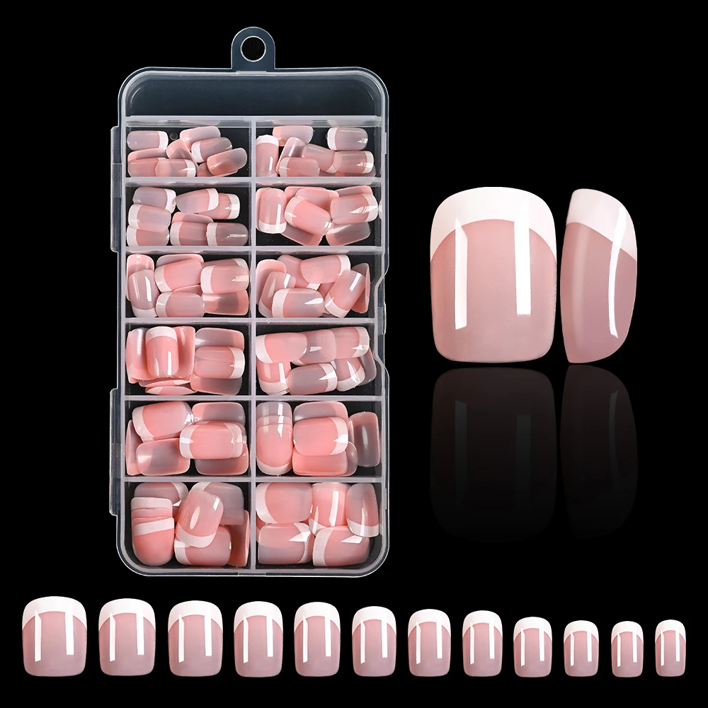 120 Stück rosa kurze quadratische Nägel zum Aufdrücken, glänzend weiß, französische Kunstnägel, wiederverwendbar, vollständige Abdeckung, halbdurchscheinend, rosa französische Nagelspitze – Detail 4