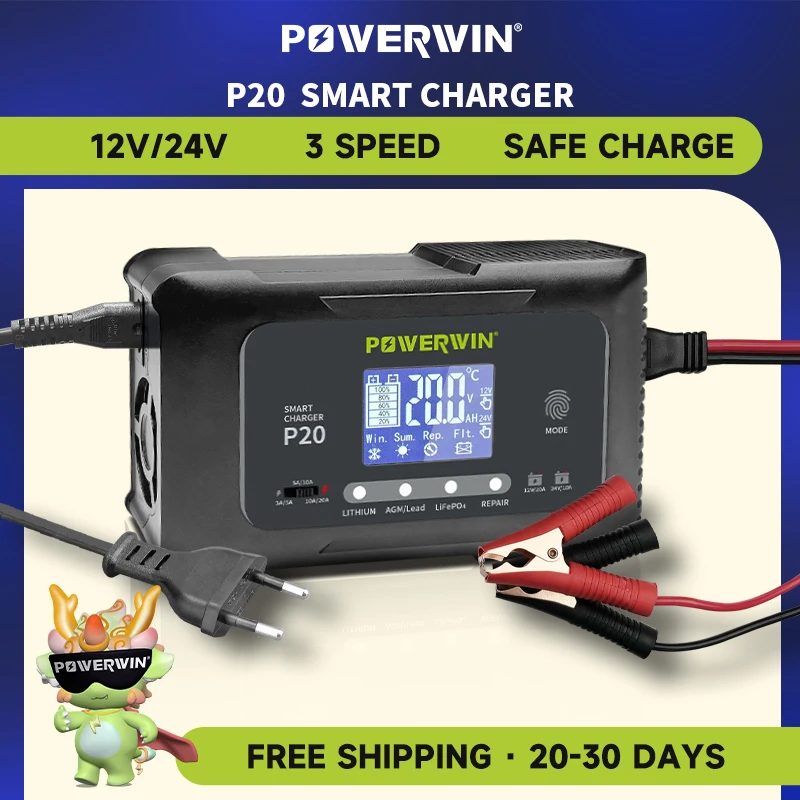 

POWERWIN 20A 12V20A 24V10A P20 Battery Smart Charger Automatic Pulse Repair LCD For BT100 BT200 LiFePO4 AGM Lead-Acid Lithium