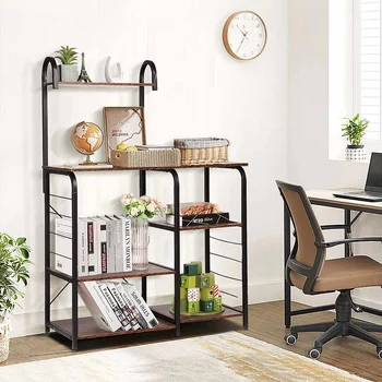 5 Tiers Industrial Wooden Kitchen Bakers Rack Utility Storage Shelves Microwave Cart Oven Stand Organizer Rack Vintage Brown