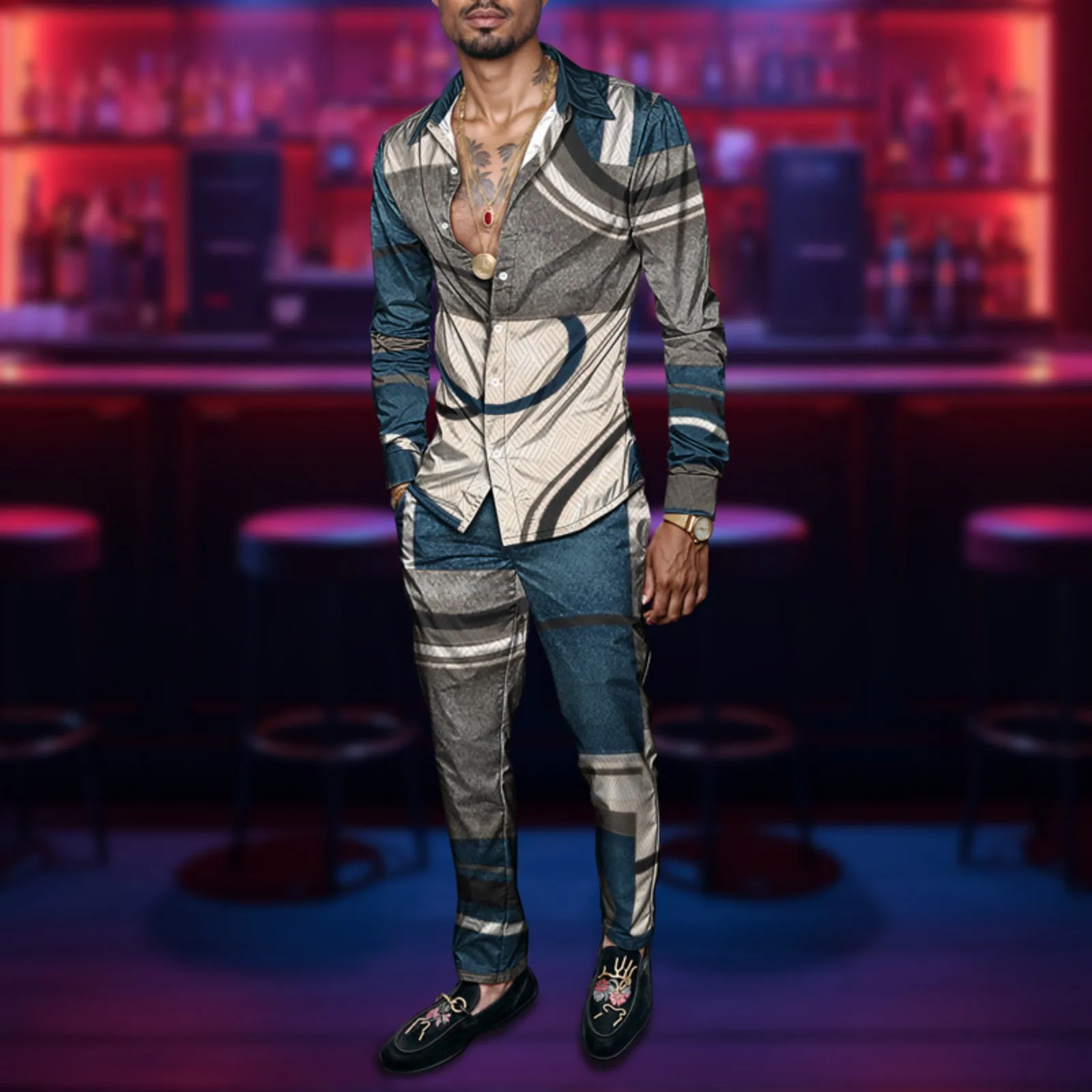 2025 Trendy Men Shirt Set Geometry Print Summer Fashion Simple Two Piece Set Mens Gradient Lightweight Party Long Sleeves Suit_voghion.com