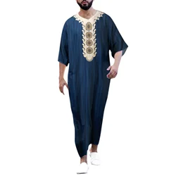 Fashion Jubba Thobe Men's Robe Middle East Ethnic Striped Print Loose Casual V Neck Short Sleeve Retro Men Muslim Clothing