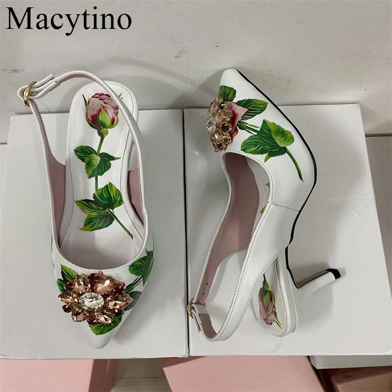 

2022 Latest Design Green Leaf Printing High Heel Pumps Rhinestone Embellished Beading Dress Shoes Women Crystal Summer Shoe