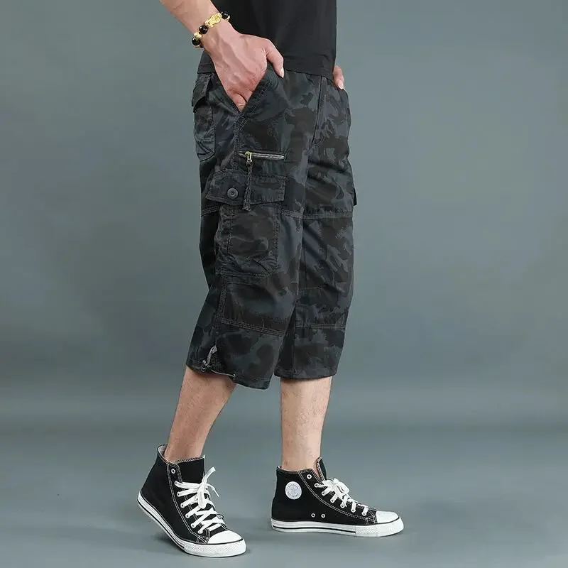 Sport shorts Summer Multi Pockets Hiking Cropped Trousers Men Camouflage Military Tactical Shorts Long Length Casual Cotton Cargo 5XL