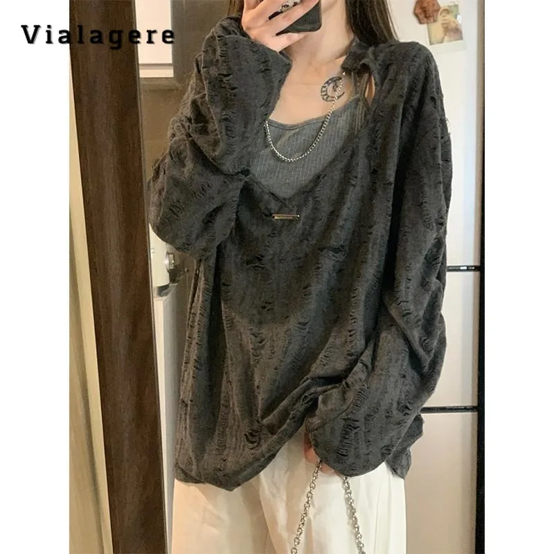

2023 Autumn Winter Casual Solid Color Long Sleeve V-Neck T-Shirts Women's Fashion Clubwear Grunge Style Hollow Out Tees Tops