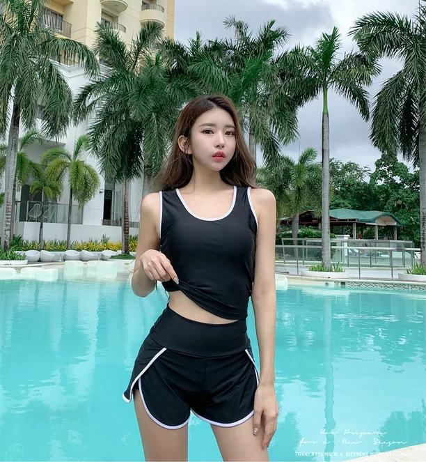 Women 3 Pieces Black Sports Swimsuit High Waisted Sexy Tankini Set Summer Beach Wear Surfing Suit Long Sleeves Bathing Suit
