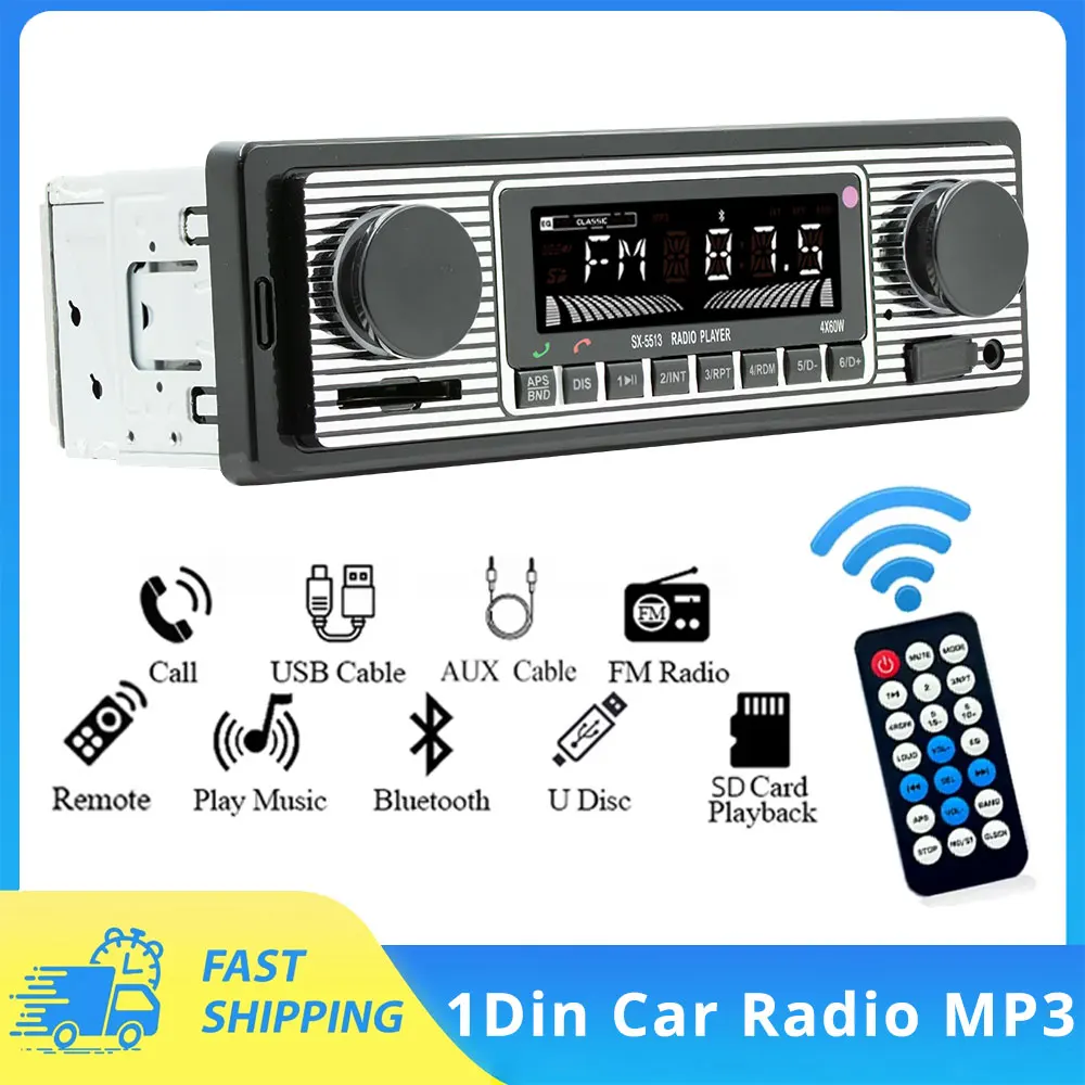 1 Din Car Radio MP3 Player Vintage Dual Knob Digital Bluetooth Audio Radio Multimedia Music USB SD Stereo Dash AUX Input