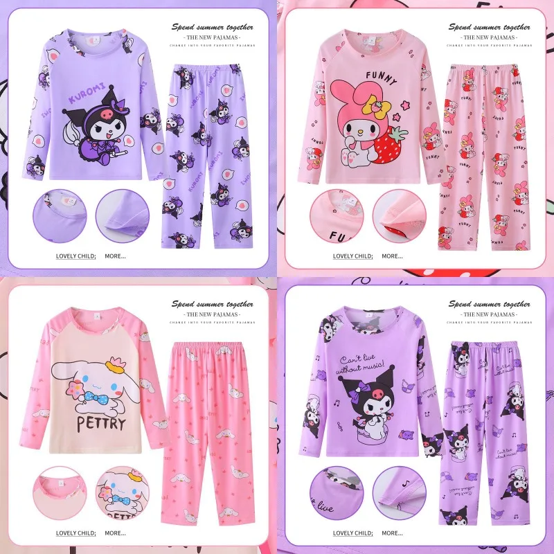 Kawaii Sanrio Cinnamoroll Pajamas Kuromi My Melody Children Casual Spring Home Long Sleeve Pajamas Set Kid Girls Nightwear Pants