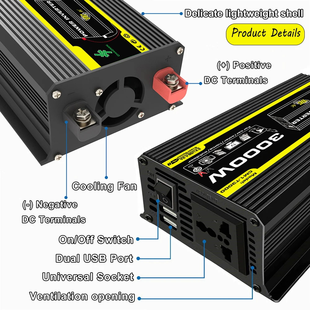 Vehicle Inverter DC 12V To AC 110/220V Power Converter Dual USB Vehicle Smart Inverter 3000W Digital Power Inverter Built-in Fuse for RV Caravan