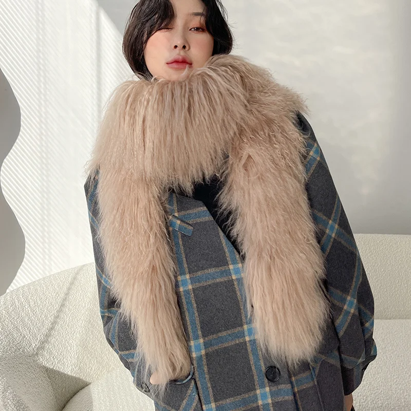 Elegant  Atmosphere Thick Warm Beach Wool Scarf Doule-sided Whole Leather Long Fur Scarf Fur Scarf Thickening