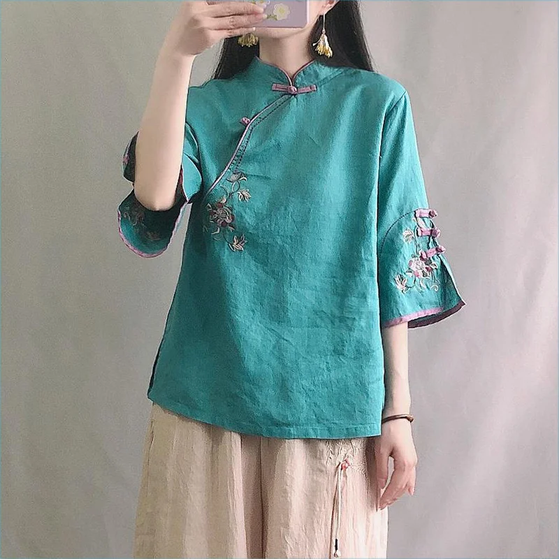 

2023 Summer Cotton Linen Buckle Shirt Blouse Chinese Traditional Style Formal Vintage Tang Suit Costume Hanfu Tops for Women