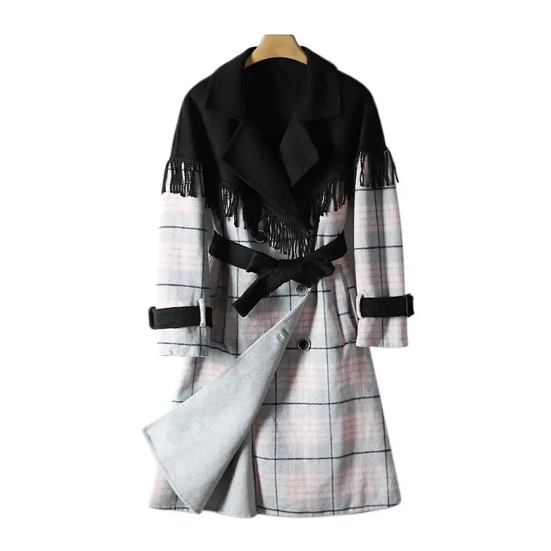 

Women's patchwork woolen coat, tassel wool coat, pure handmade double-sided woolen coat, women's fashion woolen coat
