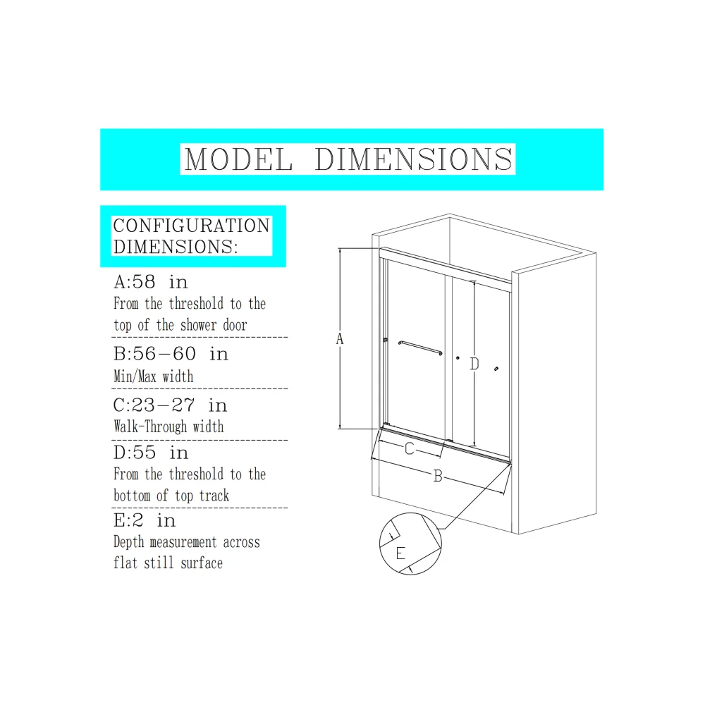 56 "-60" W *58 "H semi-frameless double sliding tub door, bypass tub shower, 1/4" (6mm) thick SGCC tempered glass door 3