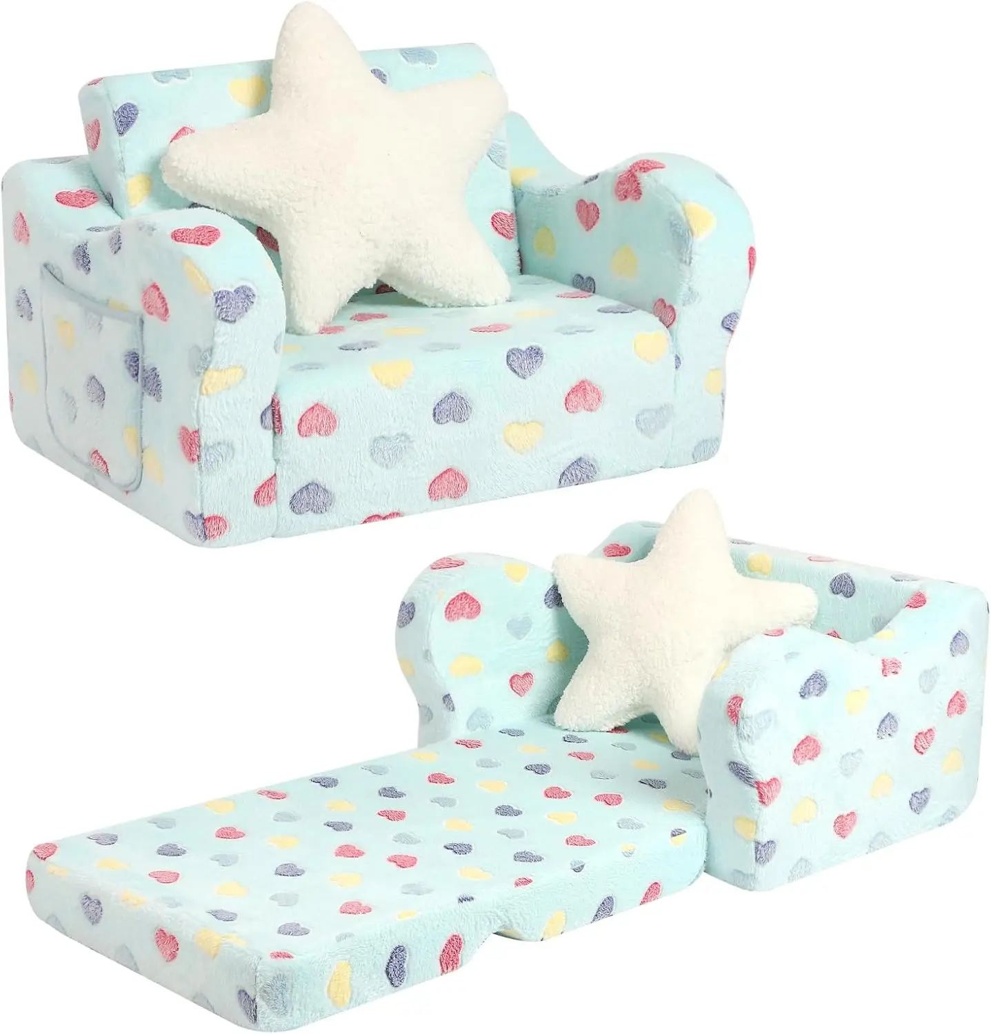 Toddler Couch, 2-in-1 Toddler Soft Couch Fold Out with Star Pillow, Convertible Sofa to Lounger for Girls and Boys 2
