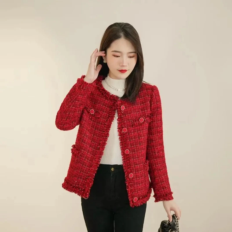 

New Korean Fashio Fringe Tweed Pink Jacket Women Elegant Fall Clothes Pearl Button Crop Coat Casual V-Neck Design Jacket Outwear