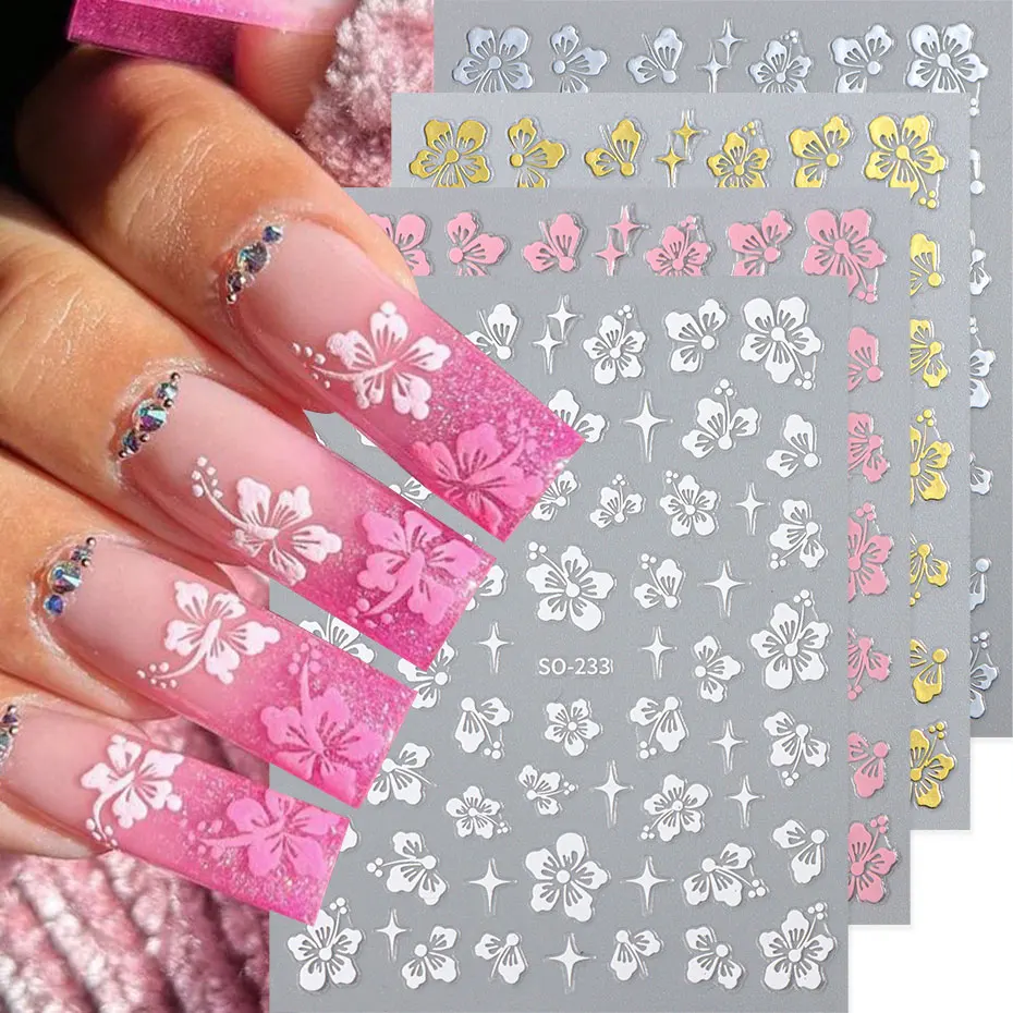 4 Stück Hibiskus-Blumen Nagelkunst-Aufkleber 3D Weiß Rosa Blumenmuster Y2K Gold Silber Blütenblätter DIY Romantische Selbstklebende Maniküre-Dekoration – Detail 1