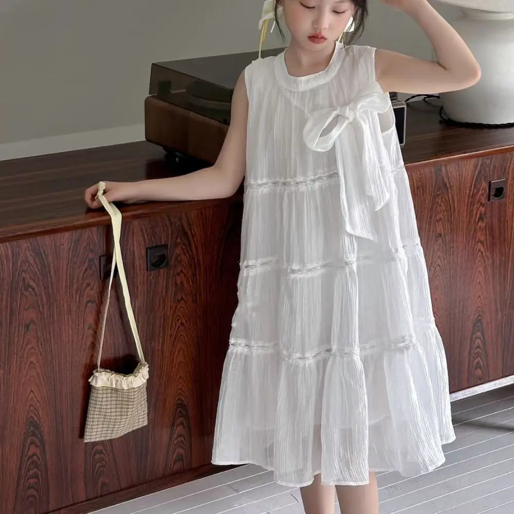Fashion Ruffle Girls Princess Dress Loose Children Summer Cake Dress Large Bow Sweet Teens Long Dress Students