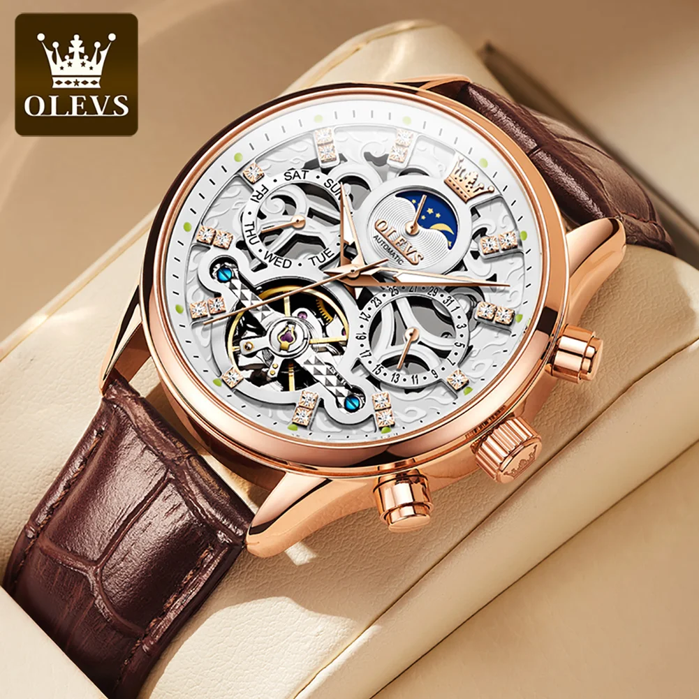 

OLEVS 6658 Men's Automatic Mechancial Watch Leather Strap Waterproof Men's Wristwatches Fashion 3D Hollow Skeleton Watch for Men