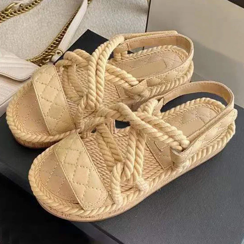 

Summer Thick Sole Sandals Women's Peep Toe Hook＆Loop Beach Flat Shoes Hemp Rope Weaving Mixed Colors Office Lady Casual Slippers